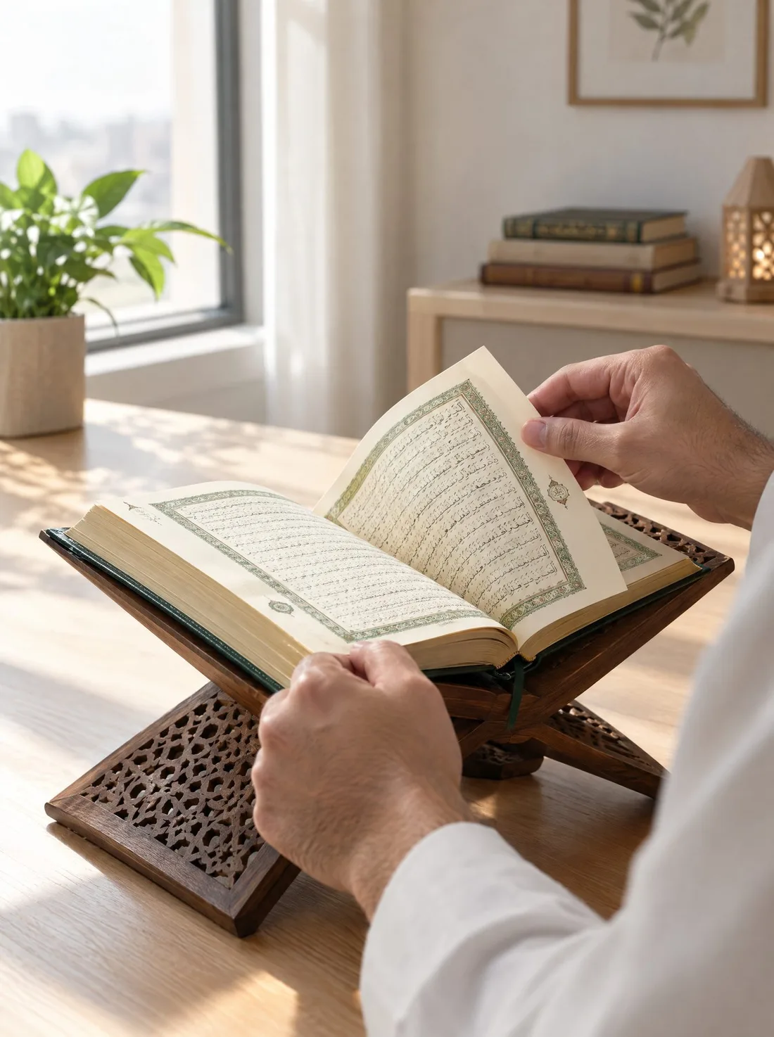 Hands holding an open Quran for reading